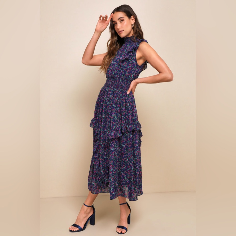 Lulu's Navy Floral Midi Dress